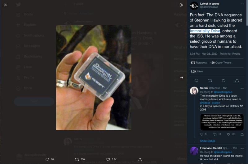 Twitter screen shot of the Immortality Drive
